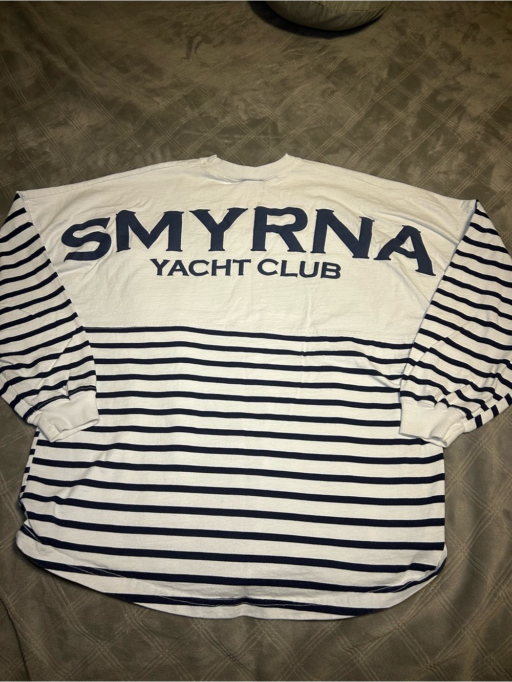 Smyrna Yacht Club Women's Long Sleeve Striped Oversized Tee - White & Navy